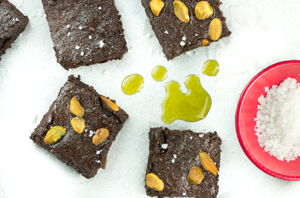 Avocado Oil Brownies with Pistachios and Sea Salt