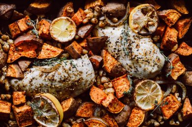 Sheet Pan Citrus Roasted Chicken with Beans + Sweet Potatoes